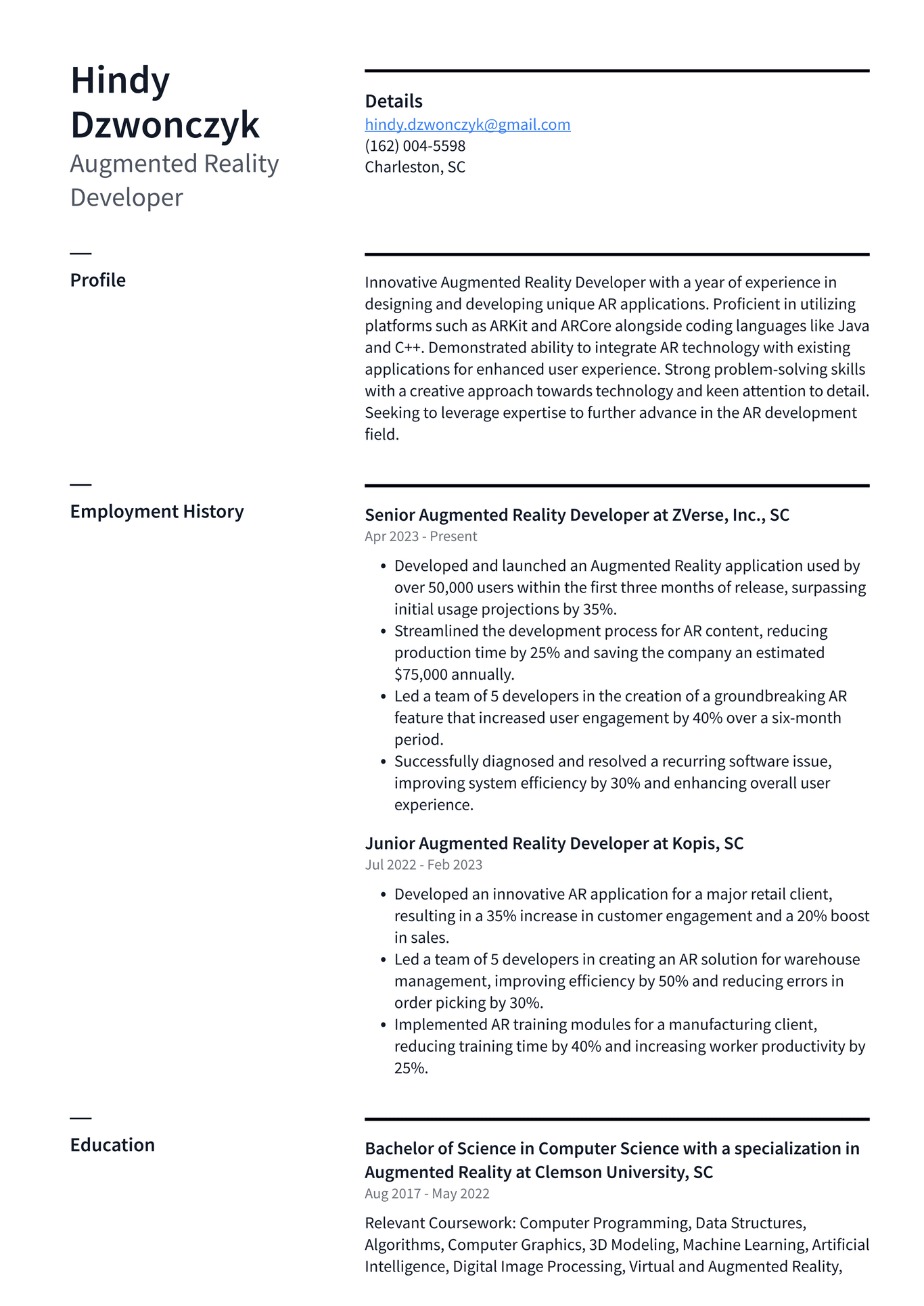 LinkedIn Augmented Reality Developer Resume Examples