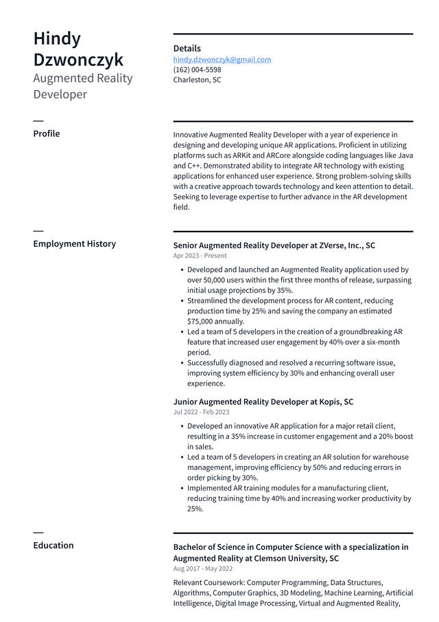 LinkedIn Augmented Reality Developer Resume Example