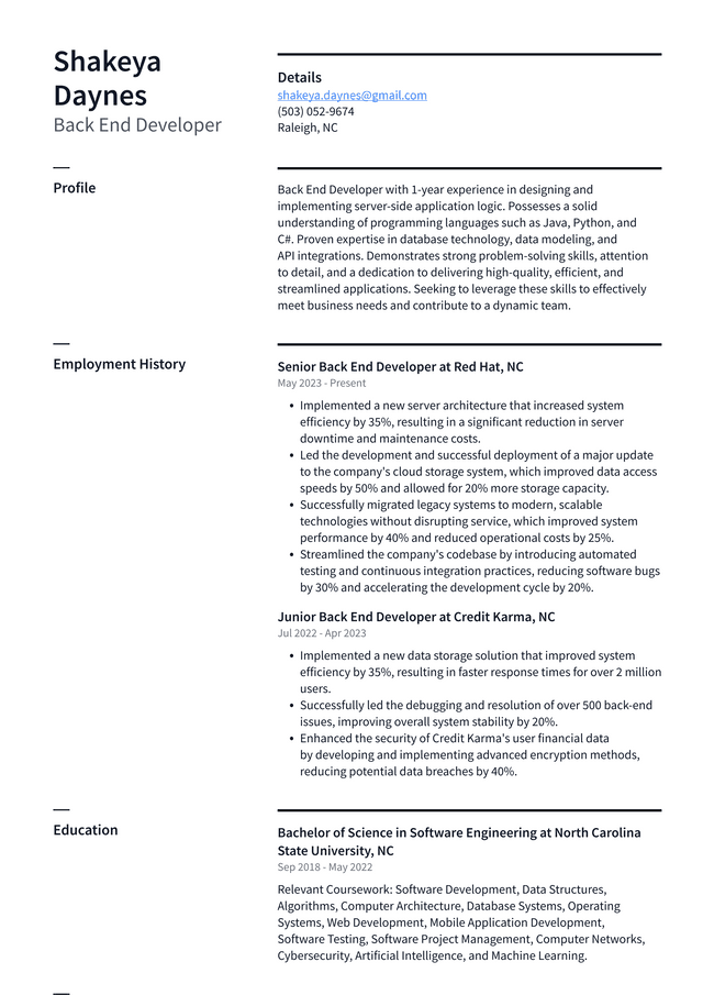 LinkedIn Back End Developer Resume Example