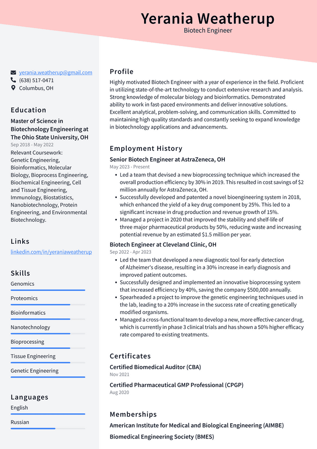 LinkedIn Biotech Engineer Resume Example