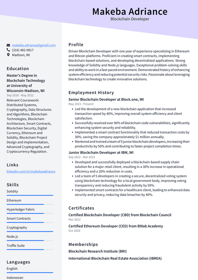 LinkedIn Blockchain Developer Resume Example