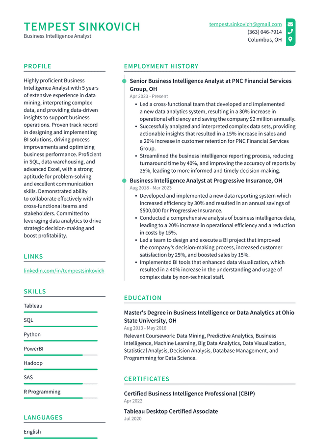 LinkedIn Business Intelligence Analyst Resume Example