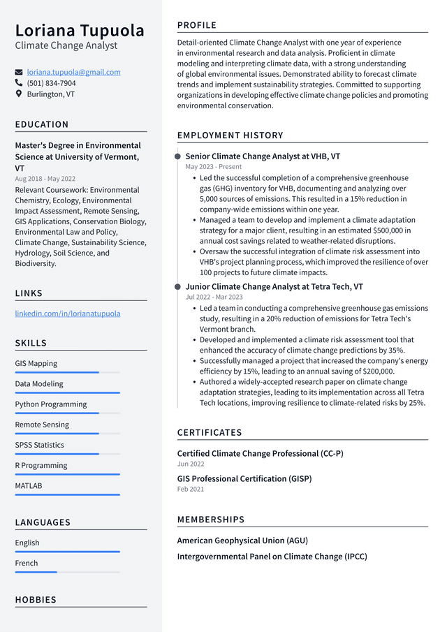 LinkedIn Climate Change Analyst Resume Example