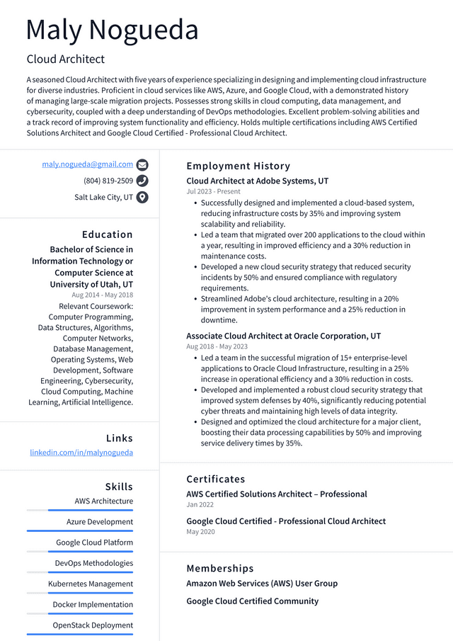 LinkedIn Cloud Architect Resume Example