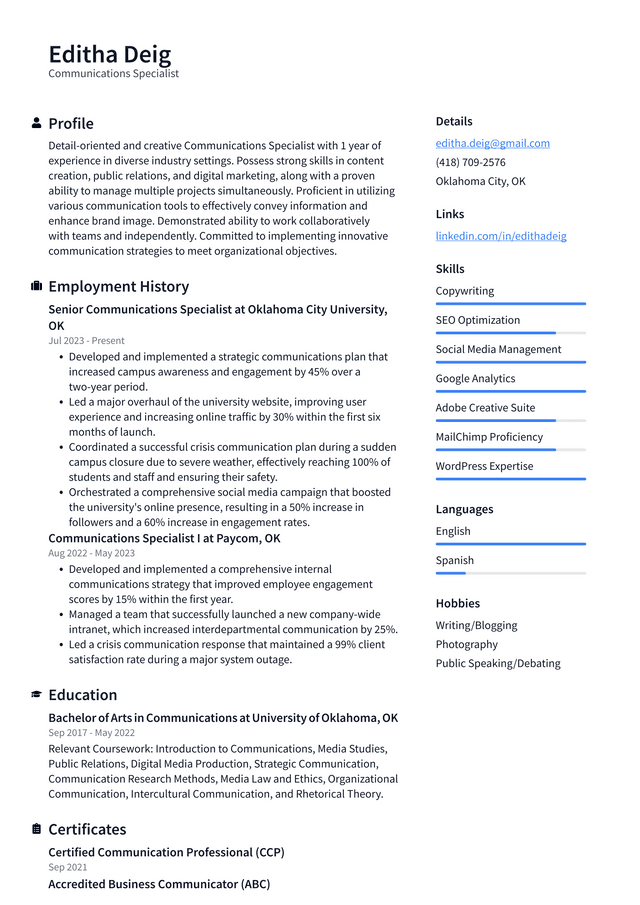 LinkedIn Communications Specialist Resume Example