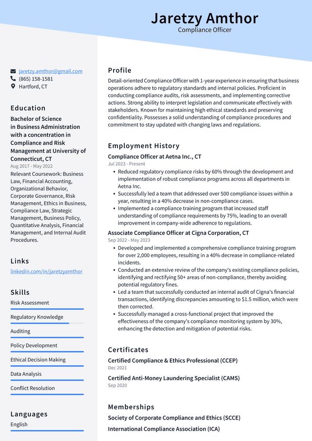 LinkedIn Compliance Officer Resume Example