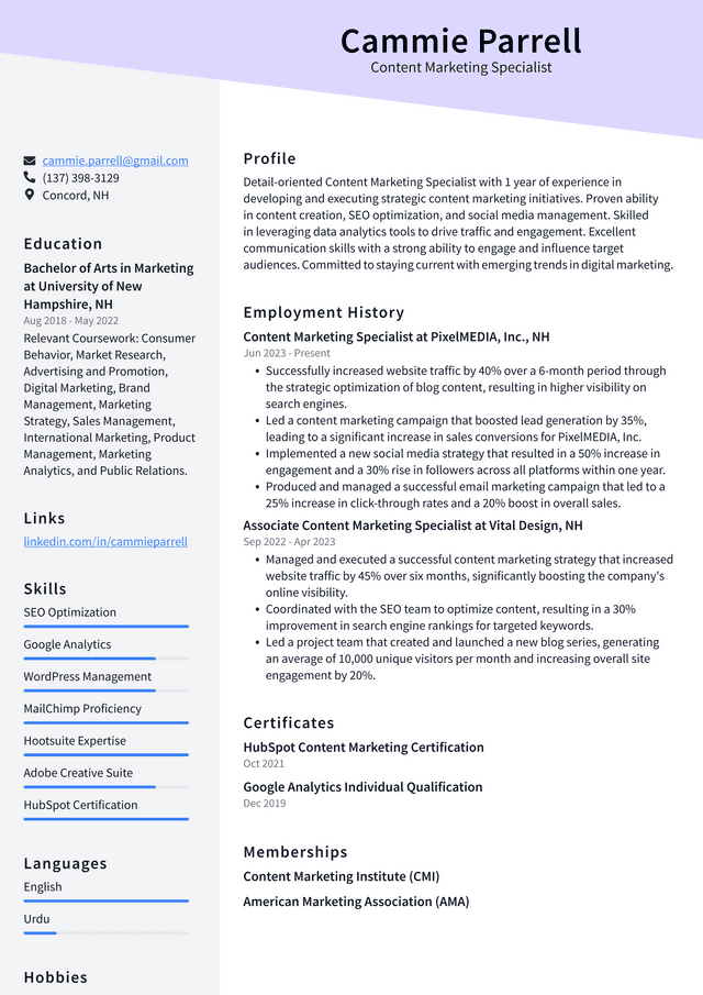 LinkedIn Content Marketing Specialist Resume Example