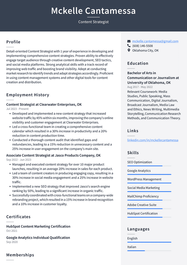 LinkedIn Content Strategist Resume Example