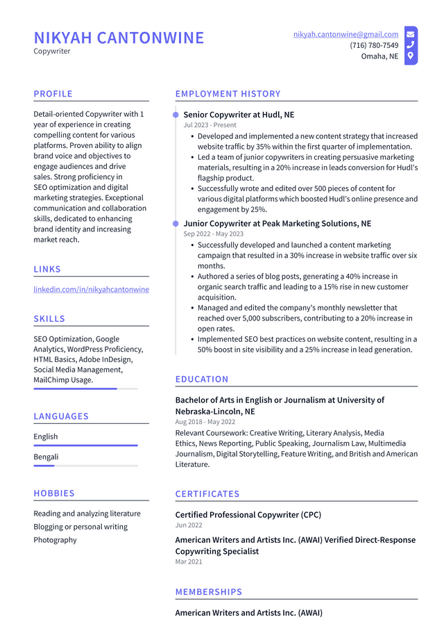 LinkedIn Copywriter Resume Example