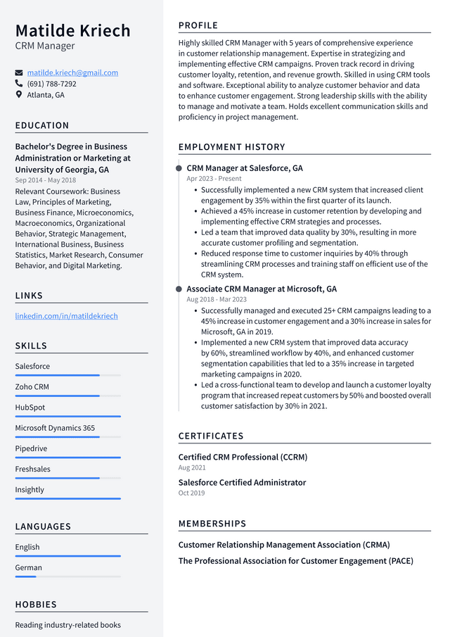 LinkedIn CRM Manager Resume Example