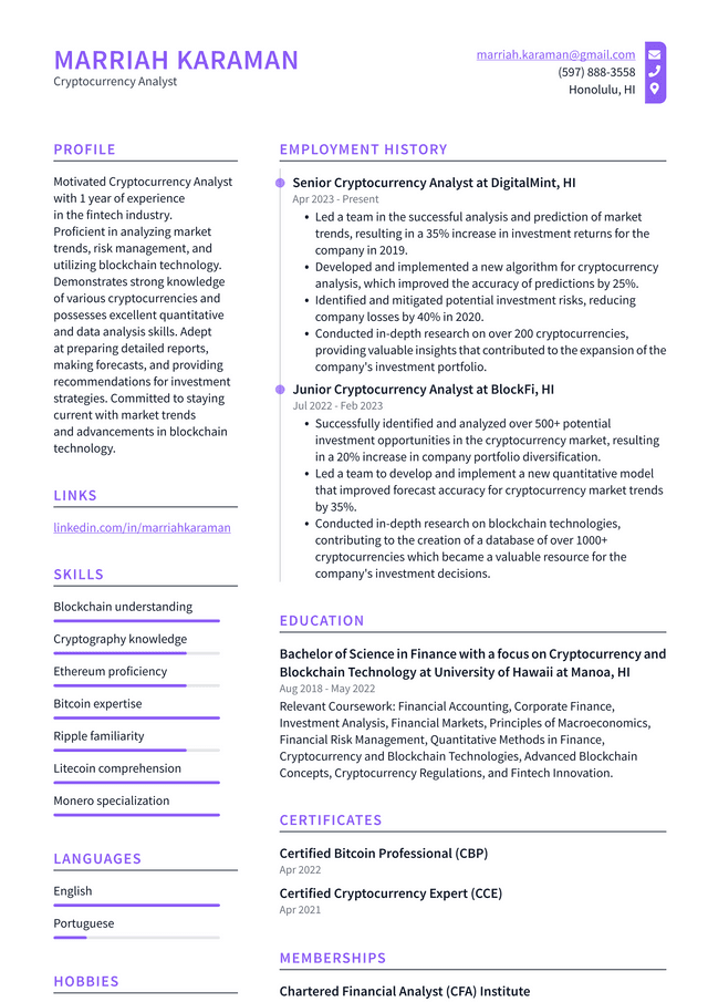 LinkedIn Cryptocurrency Analyst Resume Example