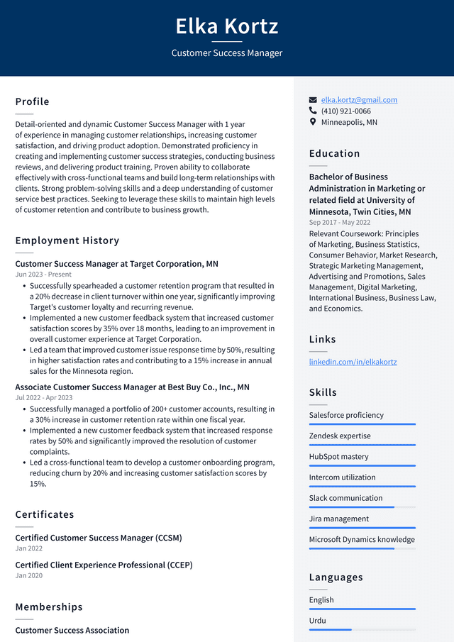 LinkedIn Customer Success Manager Resume Example