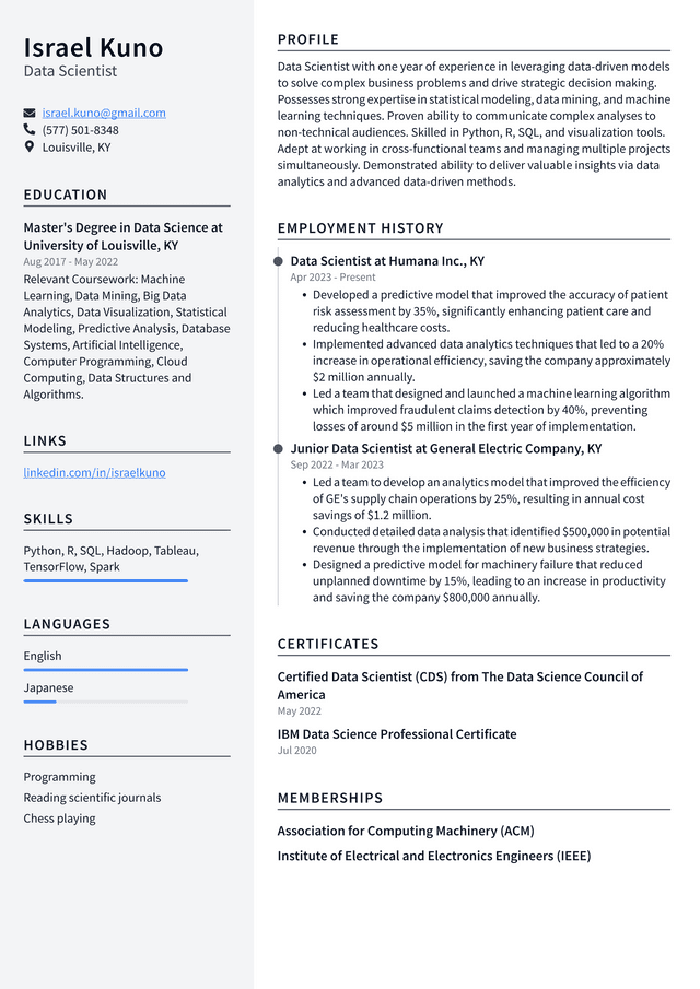 LinkedIn Data Scientist Resume Example