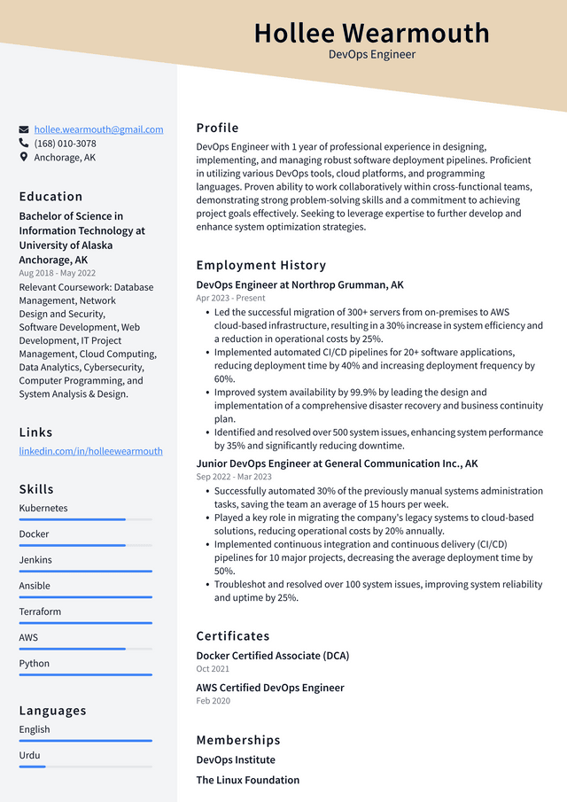 LinkedIn DevOps Engineer Resume Example