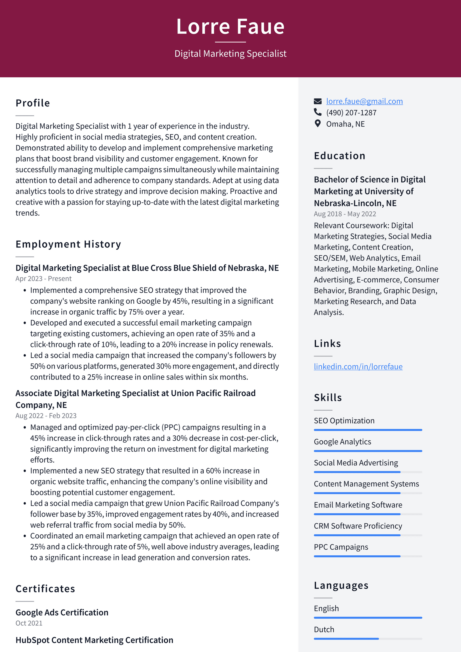 LinkedIn Digital Marketing Specialist Resume Examples