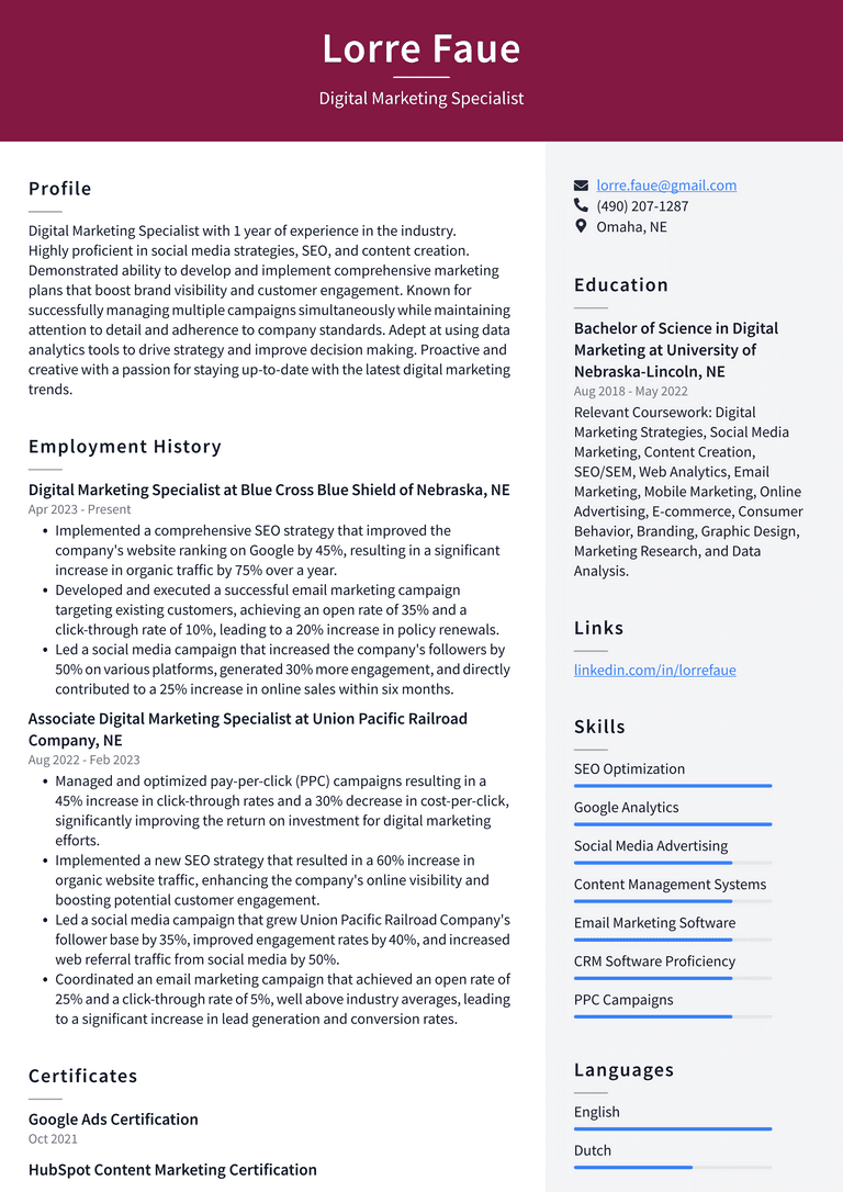 LinkedIn Digital Marketing Specialist Resume Examples