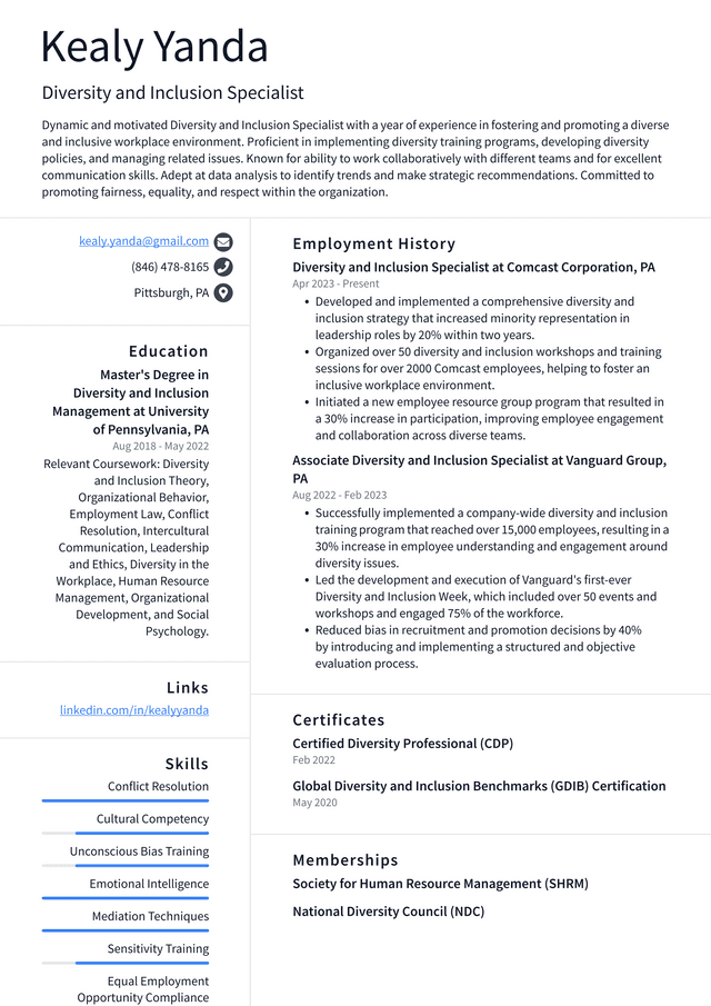 LinkedIn Diversity and Inclusion Specialist Resume Example