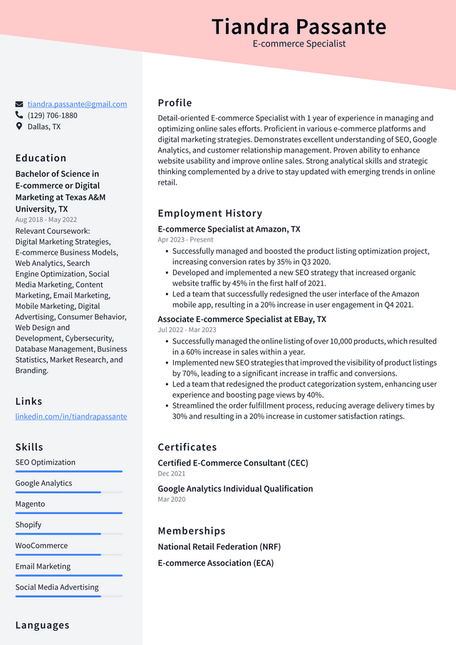 LinkedIn E-commerce Specialist Resume Example