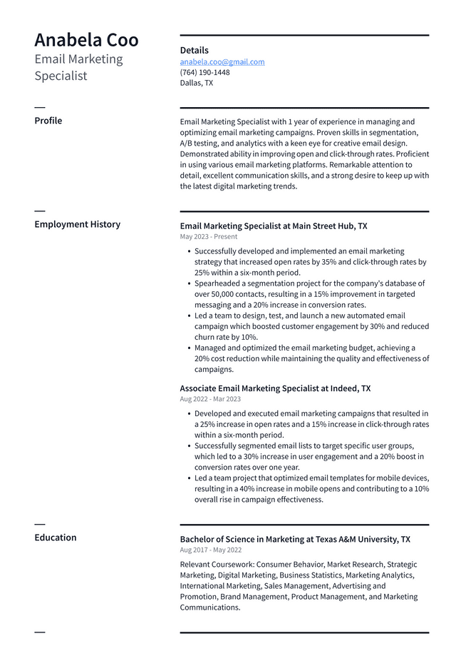 LinkedIn Email Marketing Specialist Resume Example