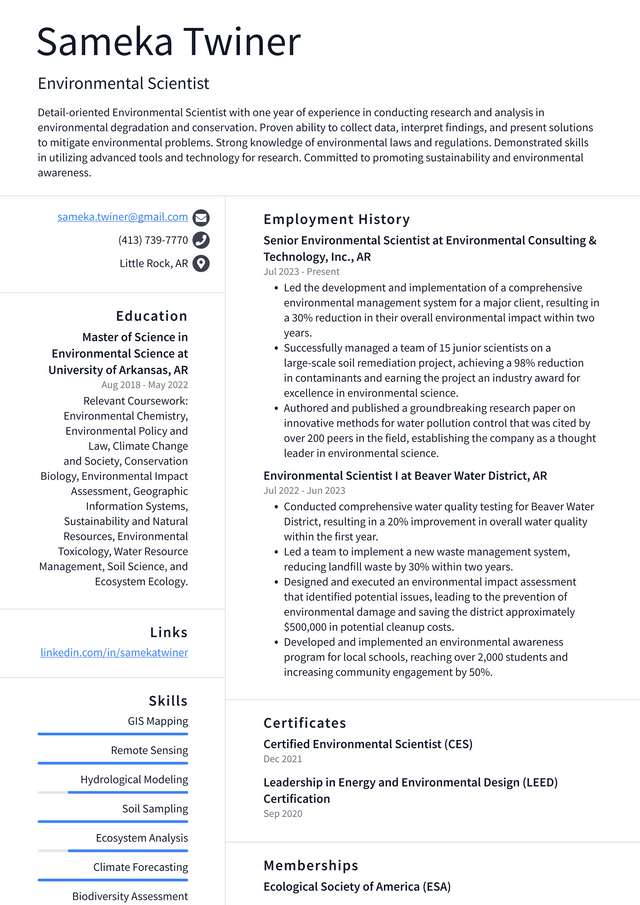 LinkedIn Environmental Scientist Resume Example