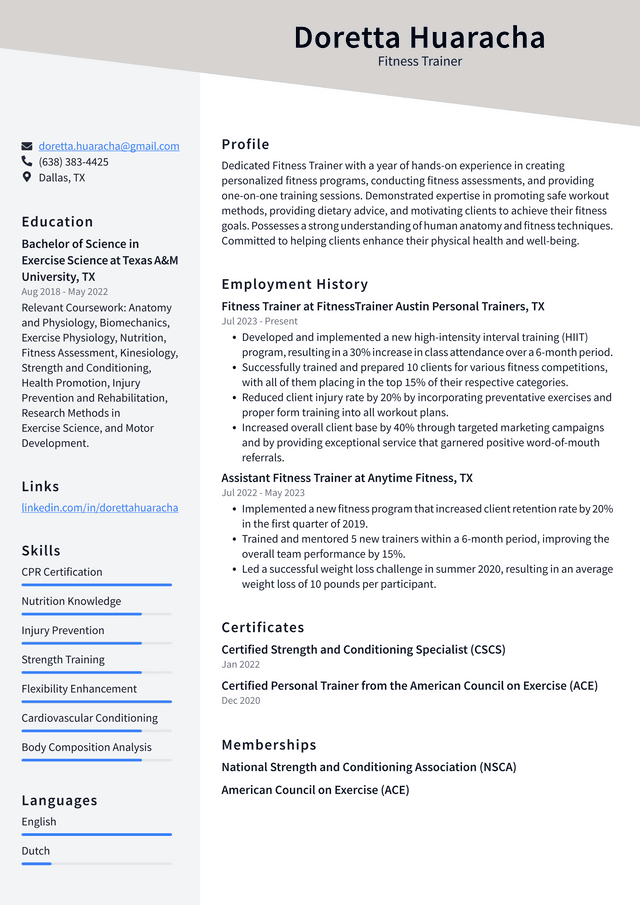 LinkedIn Fitness Trainer Resume Example