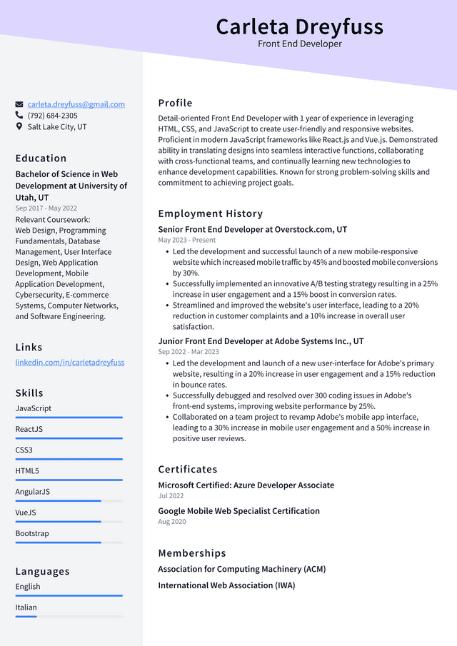 LinkedIn Front End Developer Resume Example