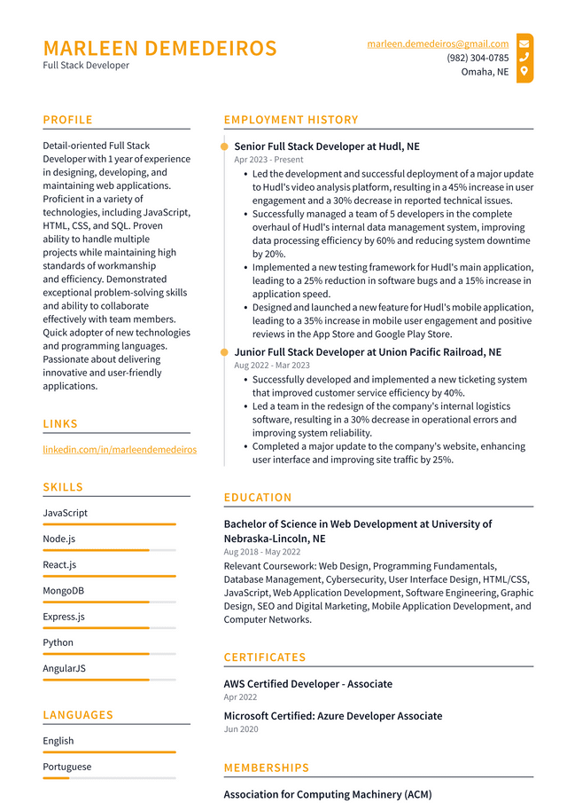 LinkedIn Full Stack Developer Resume Example