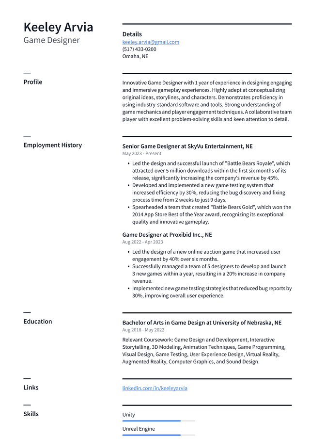 LinkedIn Game Designer Resume Example