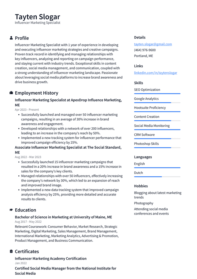 LinkedIn Influencer Marketing Specialist Resume Example