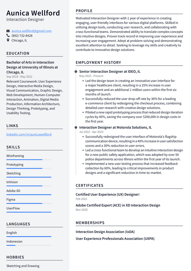 LinkedIn Interaction Designer Resume Example