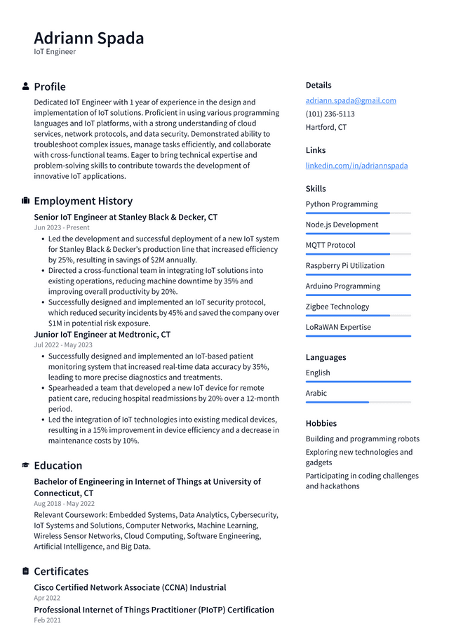 LinkedIn IoT Engineer Resume Example