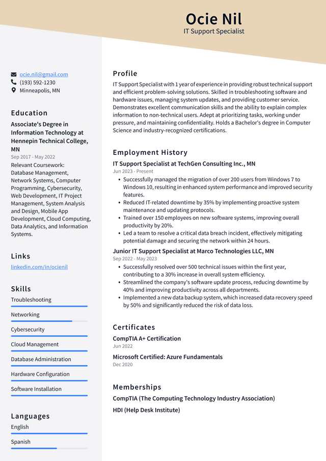 LinkedIn IT Support Specialist Resume Example