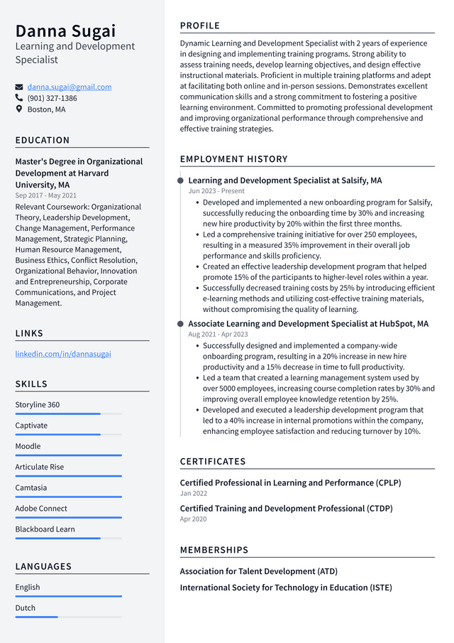 LinkedIn Learning and Development Specialist Resume Example