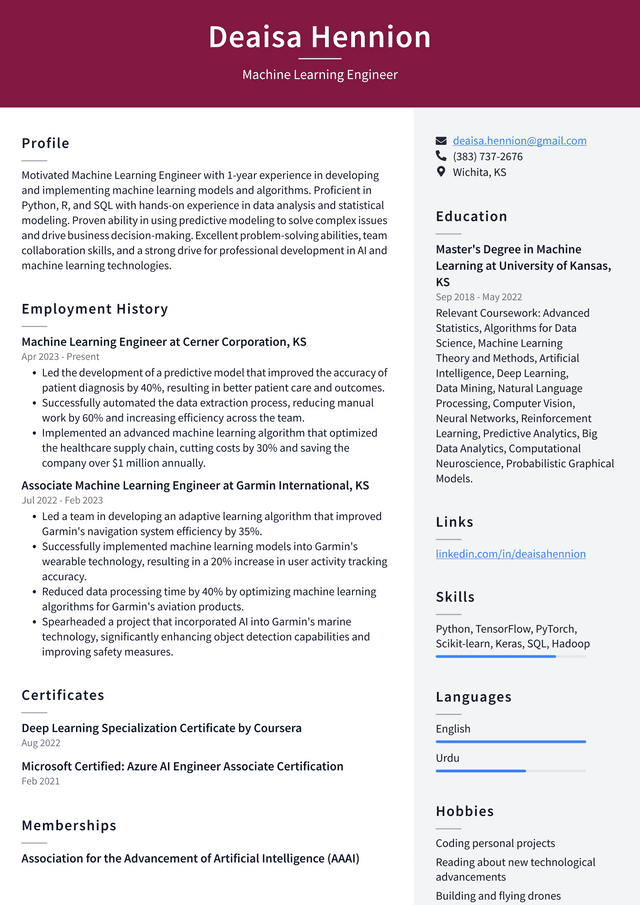 LinkedIn Machine Learning Engineer Resume Example
