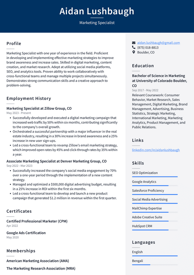 LinkedIn Marketing Specialist Resume Example