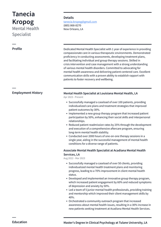 LinkedIn Mental Health Specialist Resume Example