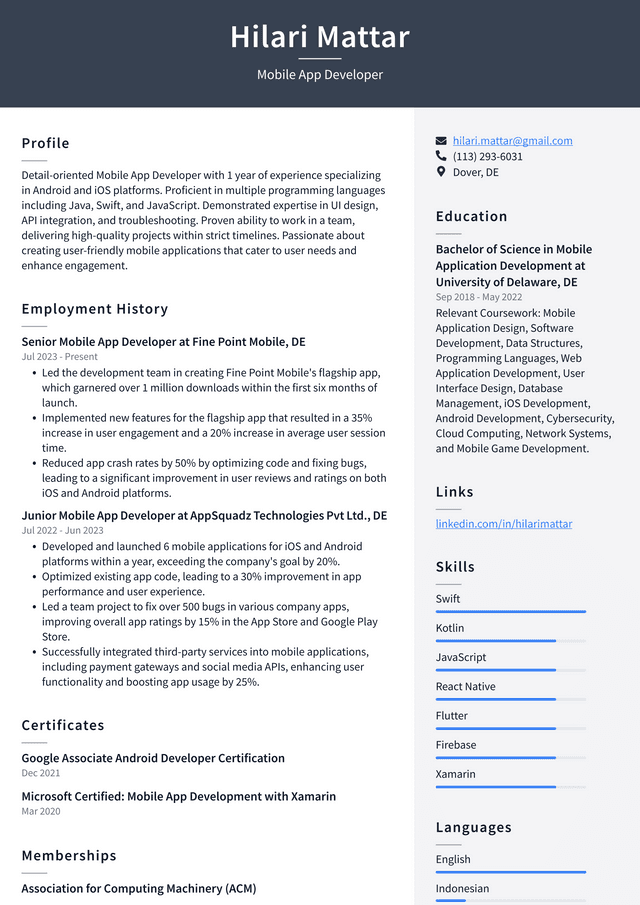 LinkedIn Mobile App Developer Resume Example