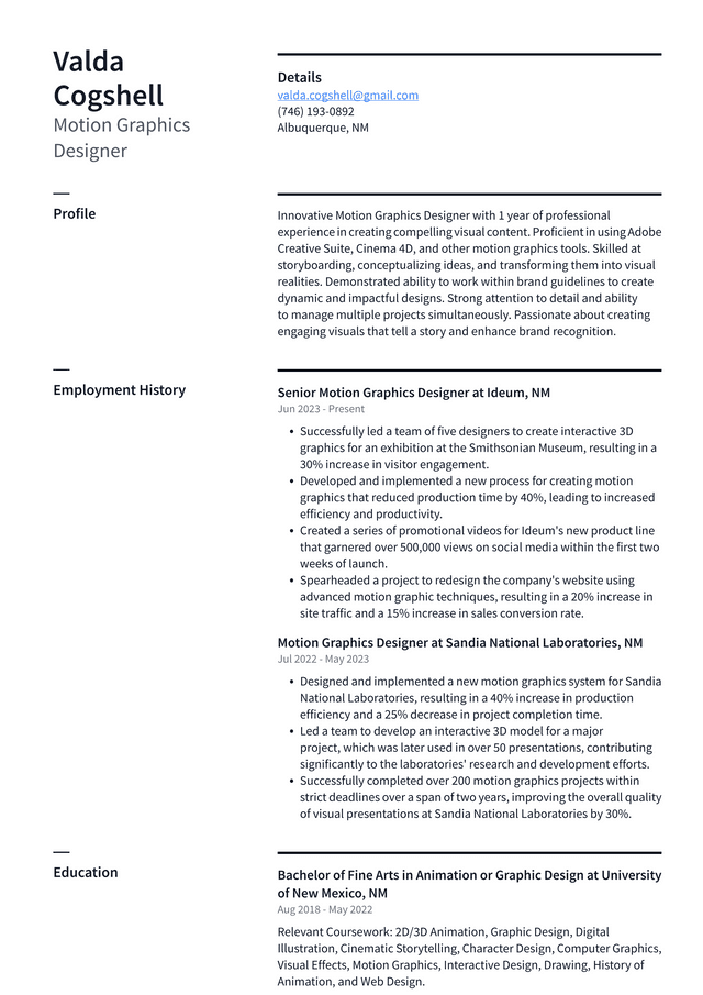 LinkedIn Motion Graphics Designer Resume Example