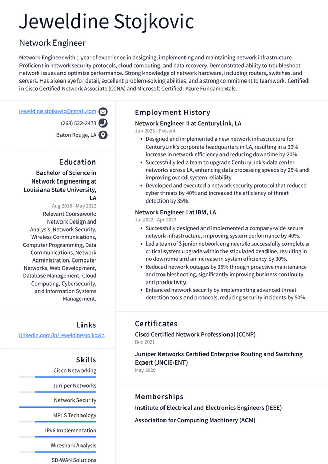 LinkedIn Network Engineer Resume Example