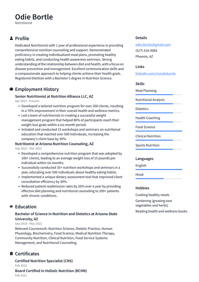 LinkedIn Nutritionist Resume Example