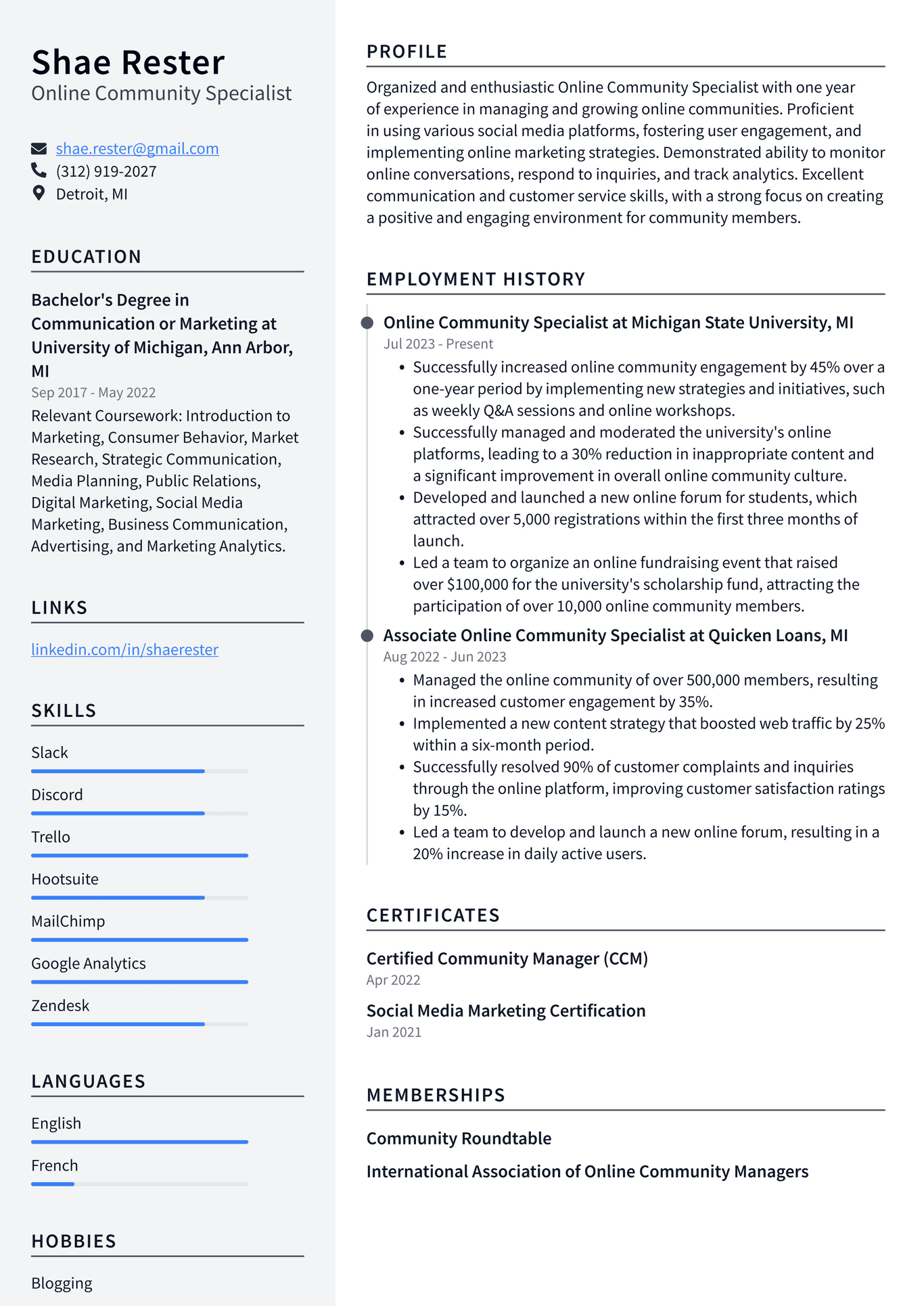 LinkedIn Online Community Specialist Resume Examples
