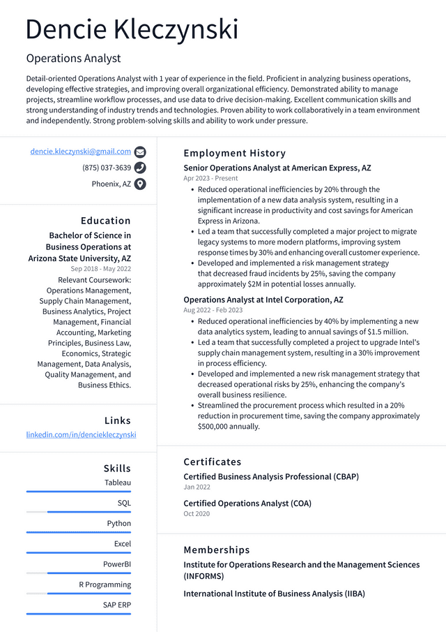 LinkedIn Operations Analyst Resume Example