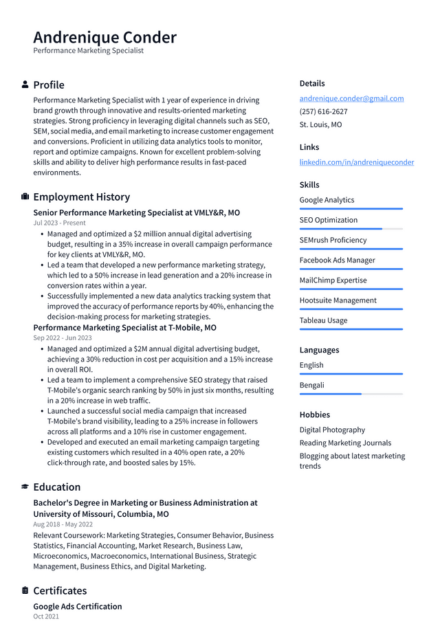 LinkedIn Performance Marketing Specialist Resume Example