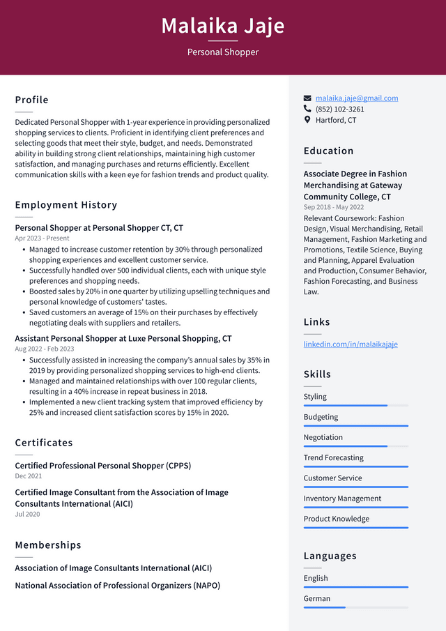 LinkedIn Personal Shopper Resume Example