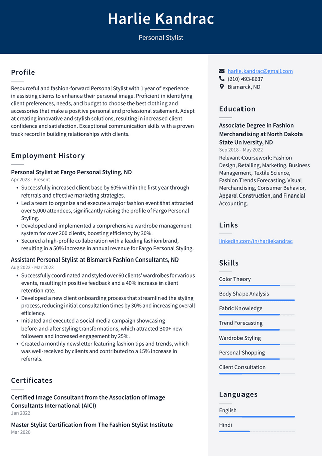 LinkedIn Personal Stylist Resume Example