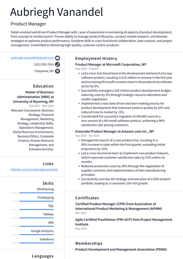 LinkedIn Product Manager Resume Example