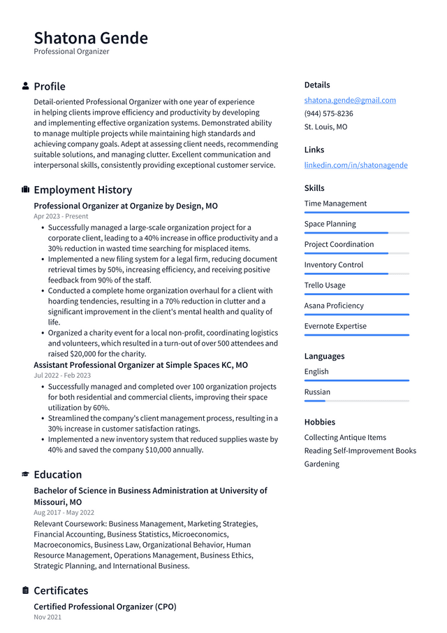 LinkedIn Professional Organizer Resume Example