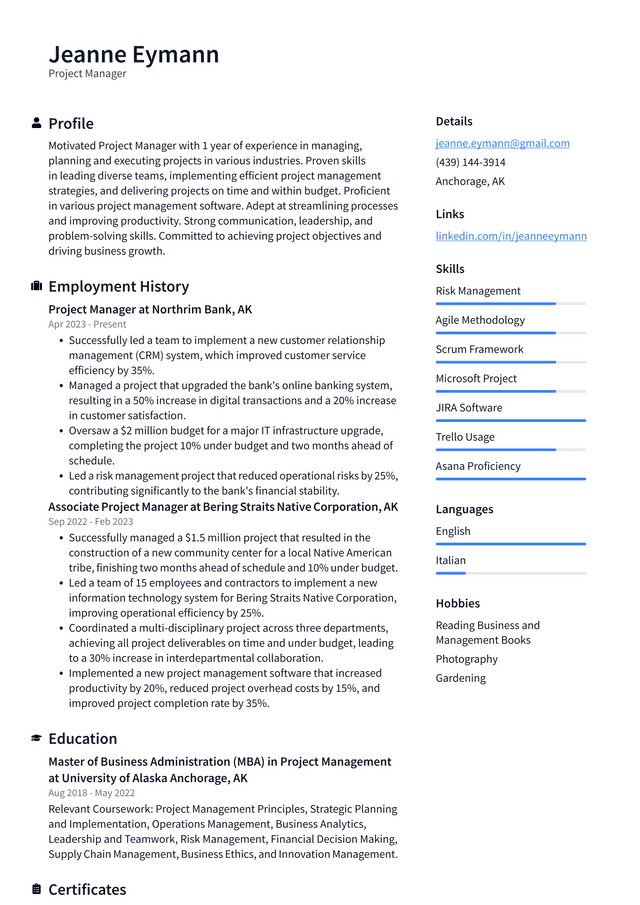 LinkedIn Project Manager Resume Example