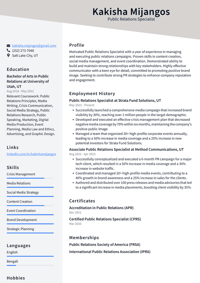 LinkedIn Public Relations Specialist Resume Example