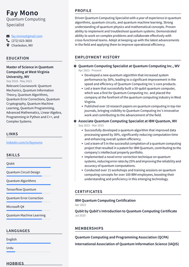 LinkedIn Quantum Computing Specialist Resume Example